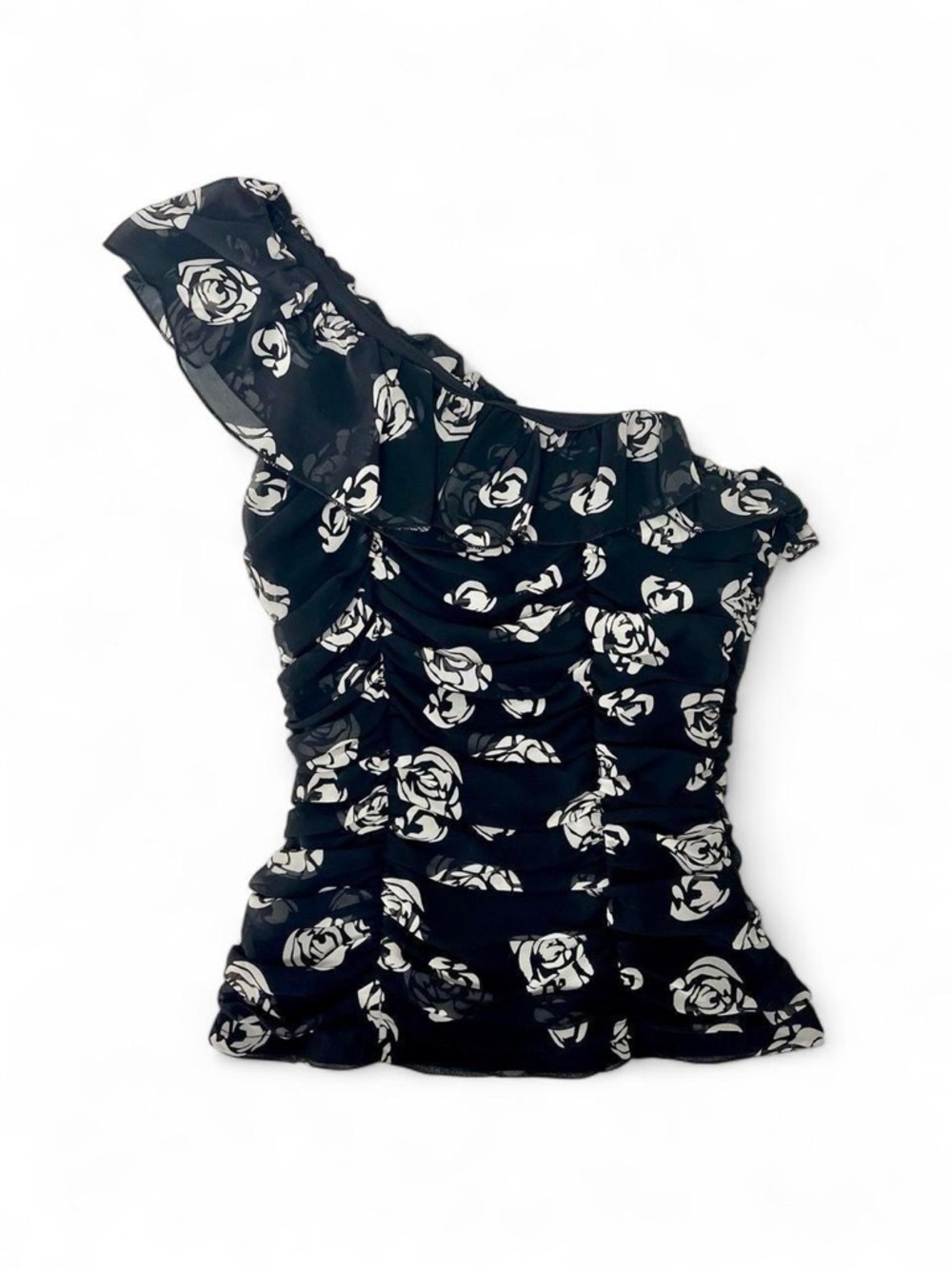 Black One-Shoulder Floral Ruffle Top